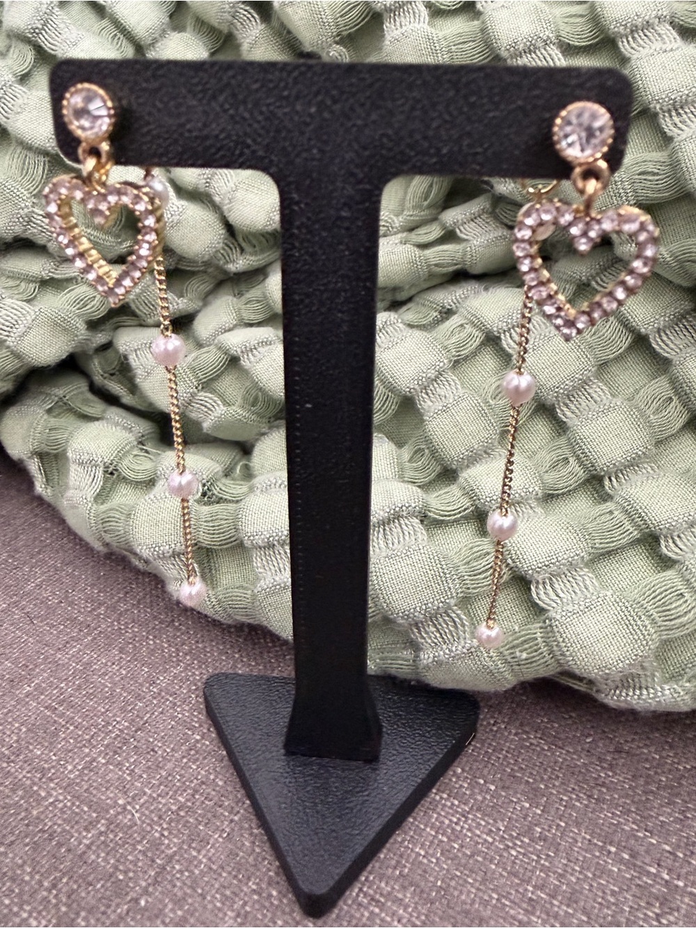 Rhinestone Heart Faux Pearl Tassel Ear Jacket Earrings
